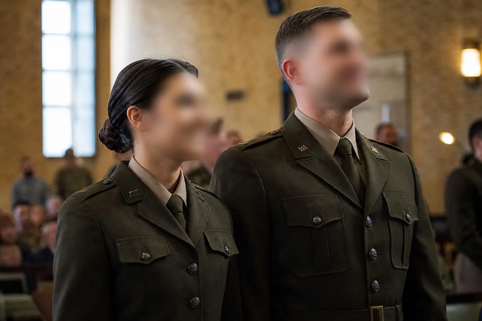 A dual-military married couple in uniform standing together at a military ceremony
