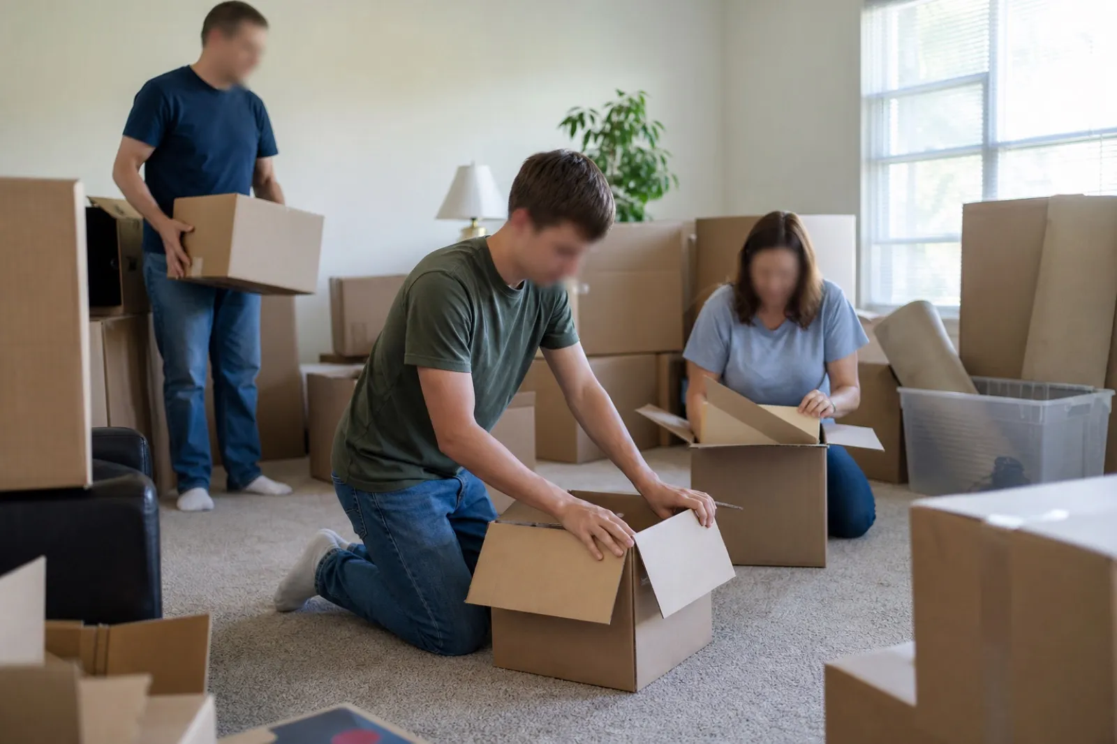 A service member and family unpacking boxes inside on-base housing during a PCS move