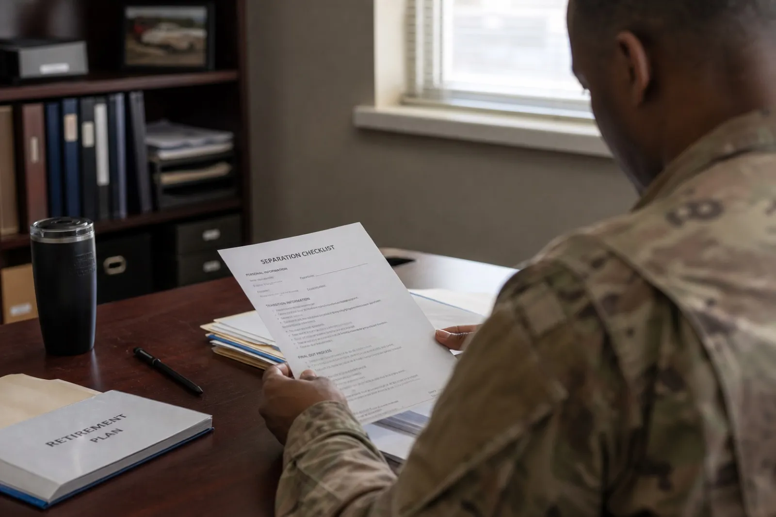Service member reviewing retirement paperwork at a desk, deciding between staying 20 years and separating early