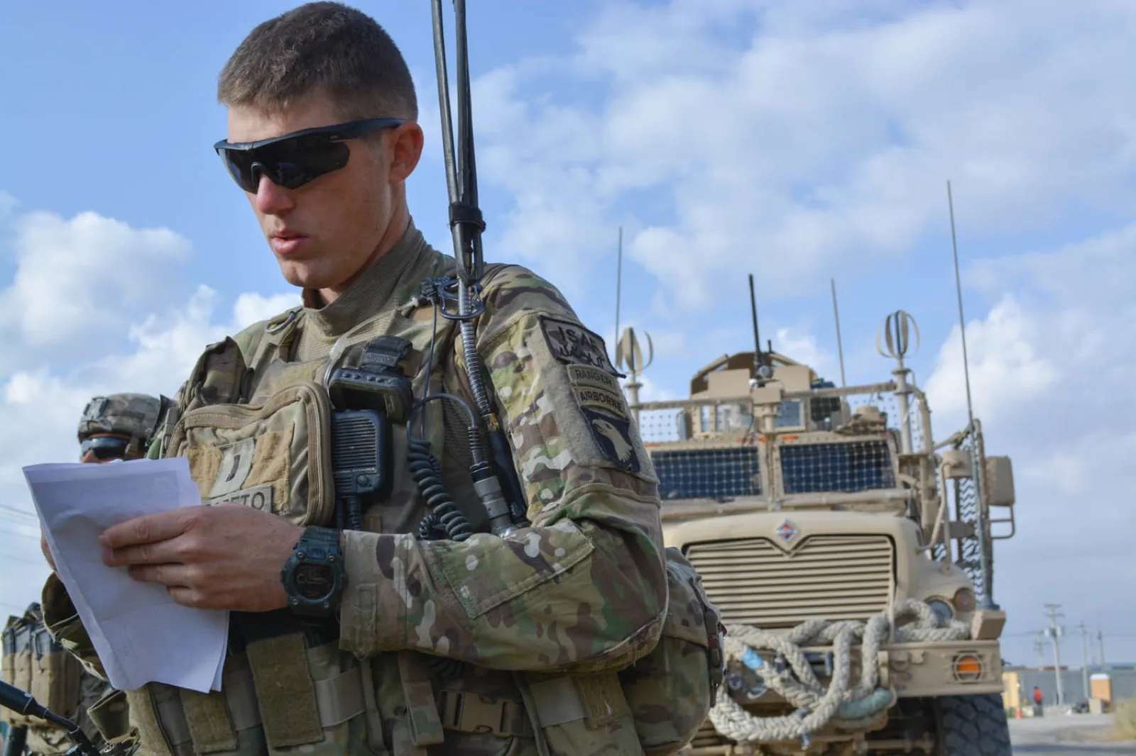 U.S. soldiers conducting operations at a forward base in a designated combat zone