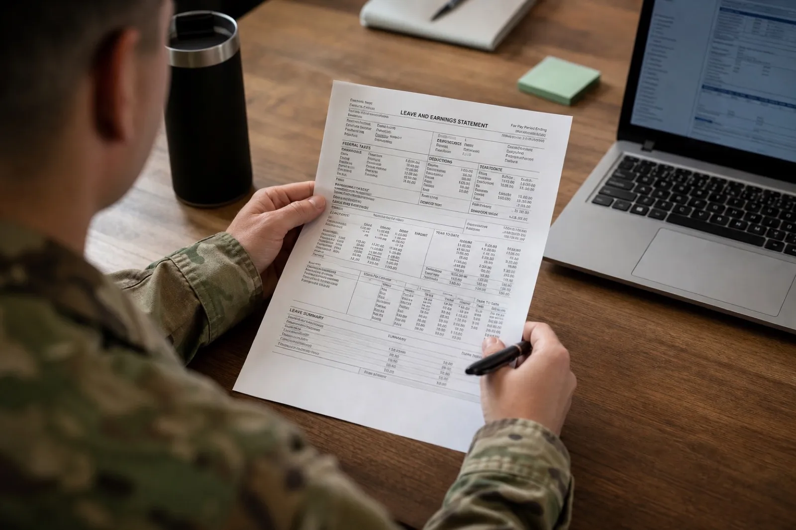 Service member reviewing a Leave and Earnings Statement showing tax-free combat pay