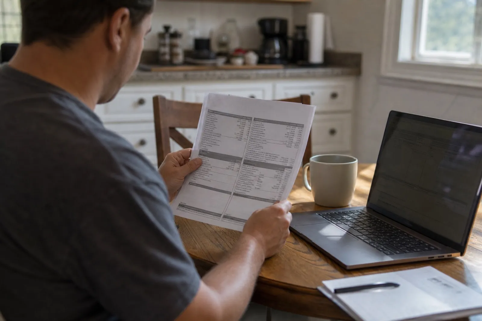 Service member reviewing a Leave and Earnings Statement at a kitchen table