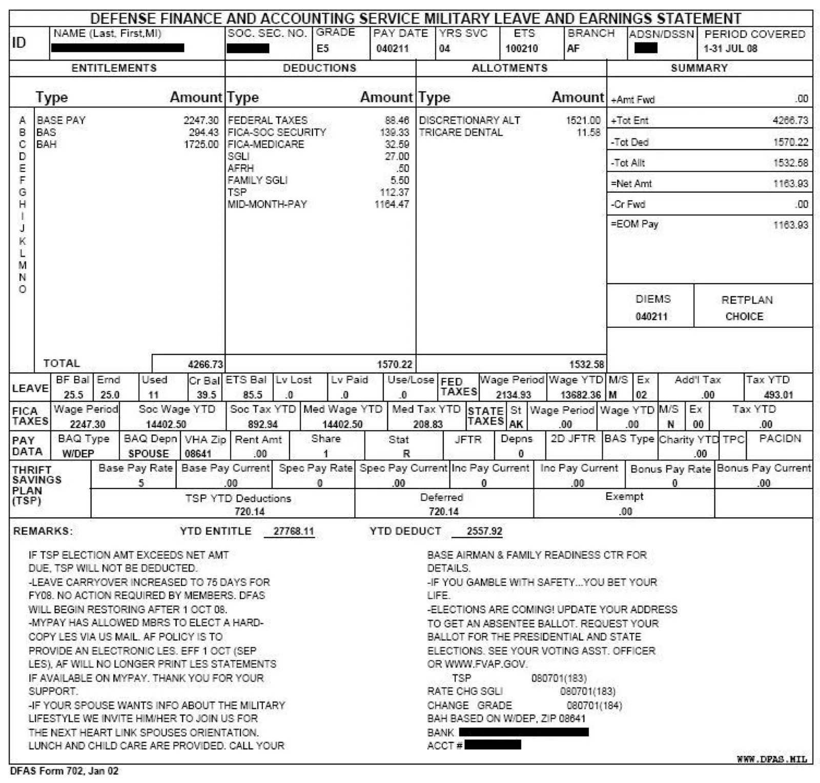 Close-up of a military Leave and Earnings Statement highlighting the basic pay line