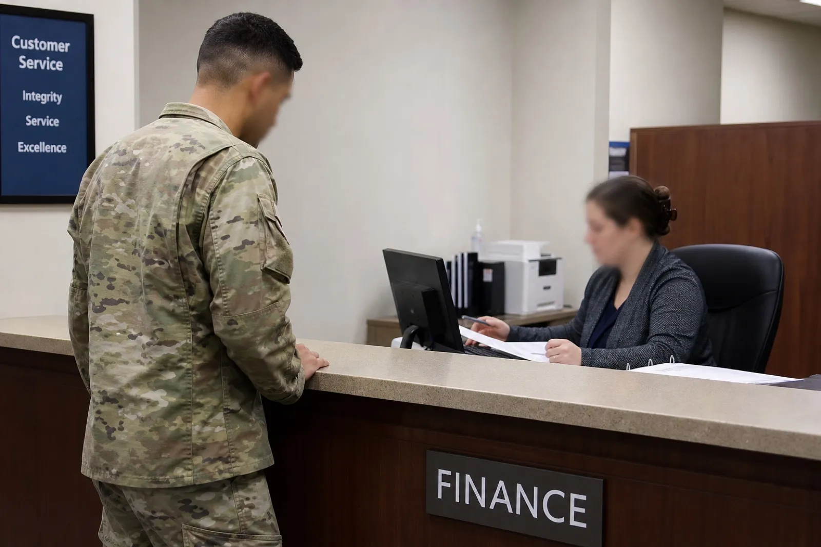 A service member meeting with a finance technician at a base finance office counter