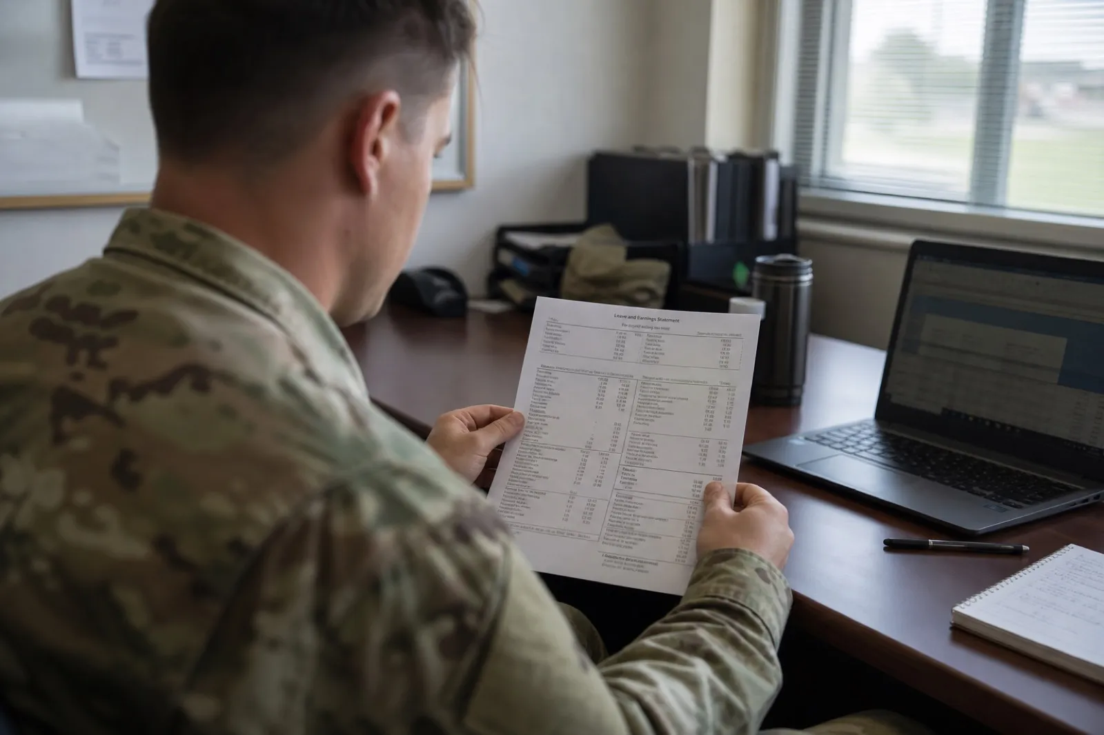 A service member reviewing a paper Leave and Earnings Statement at a desk on base