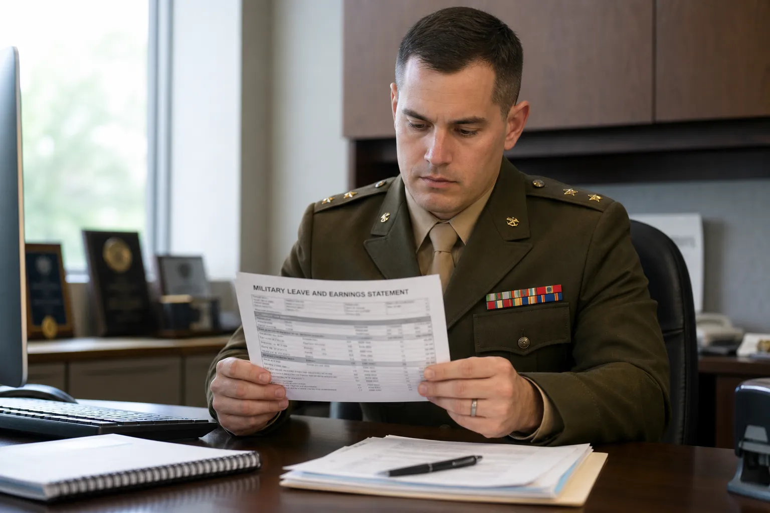 Officer reviewing a pay statement showing the difference between commissioned and warrant officer pay scales