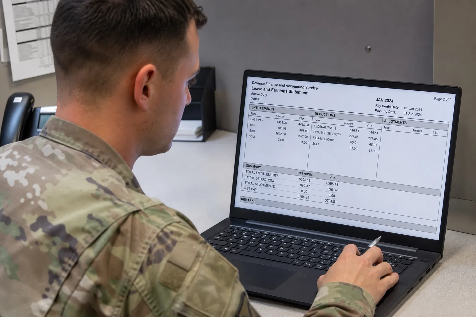 Service member checking the January Leave and Earnings Statement to confirm the new pay rate posted