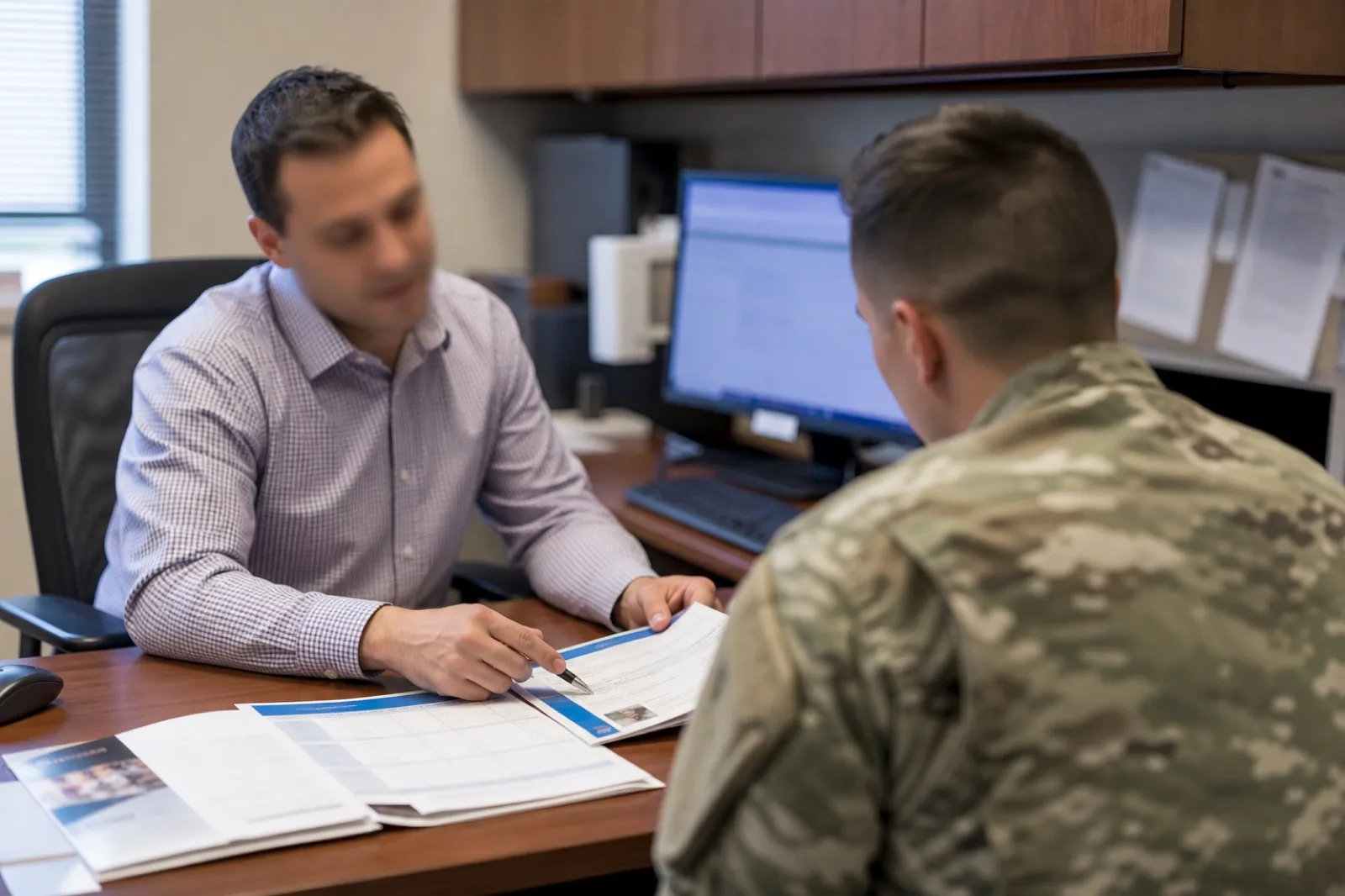 A veterans education counselor reviews enrollment paperwork with a service member at a base education office desk