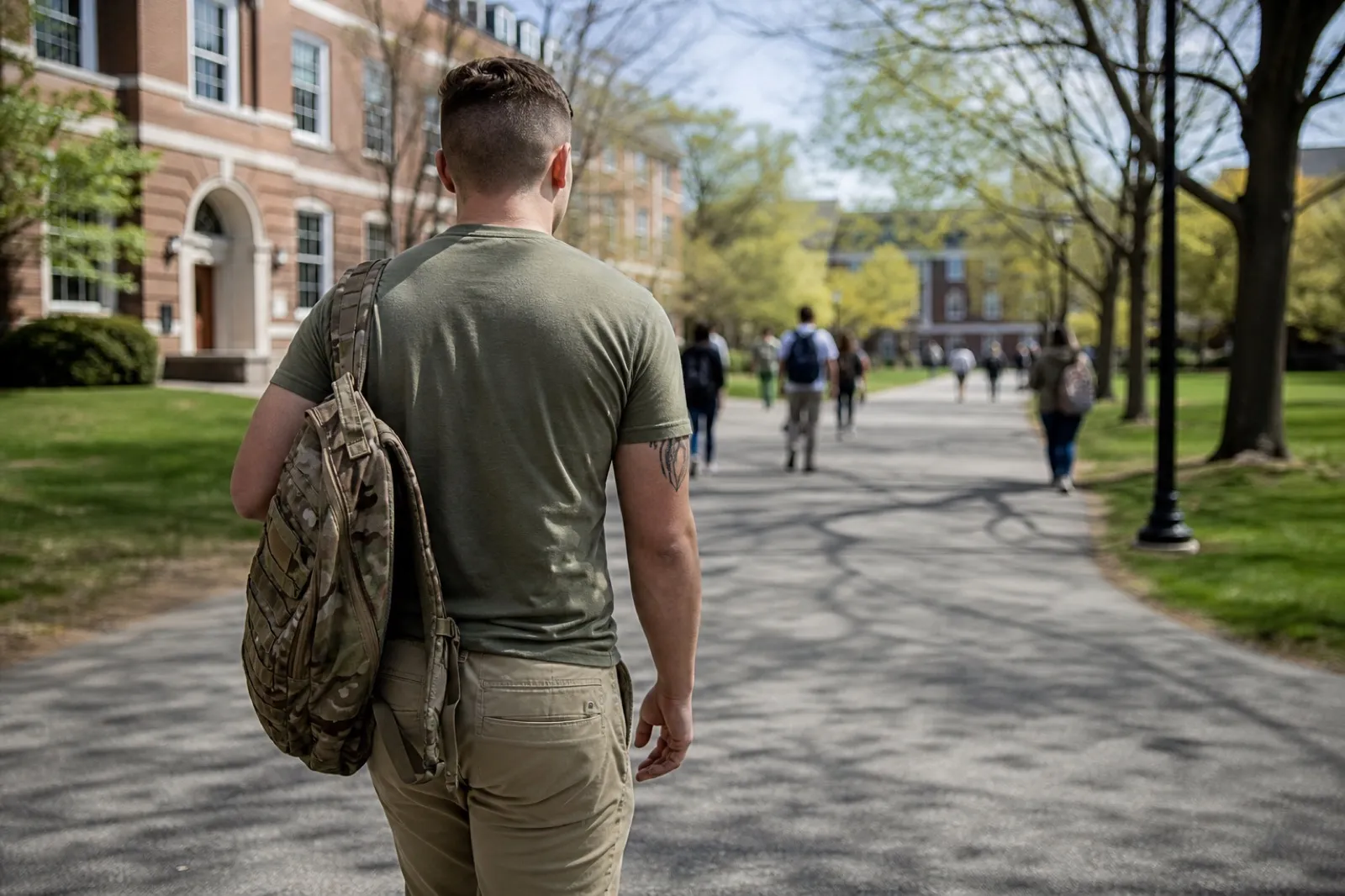 A student veteran in civilian clothes walks across a university campus quad carrying a backpack, with classroom buildings in the background