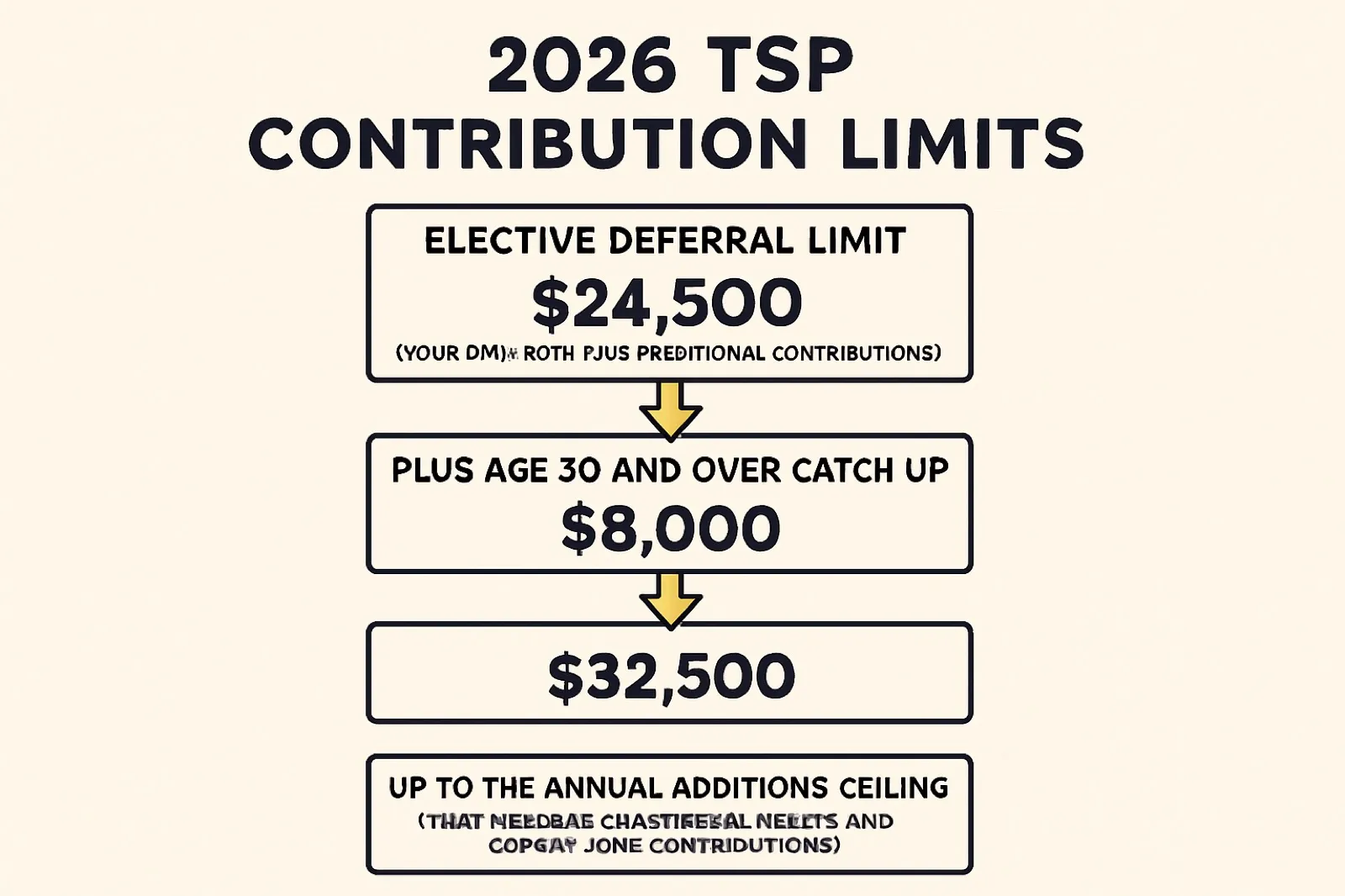 Flow chart of the 2026 TSP contribution limits from the elective deferral cap through the annual additions ceiling