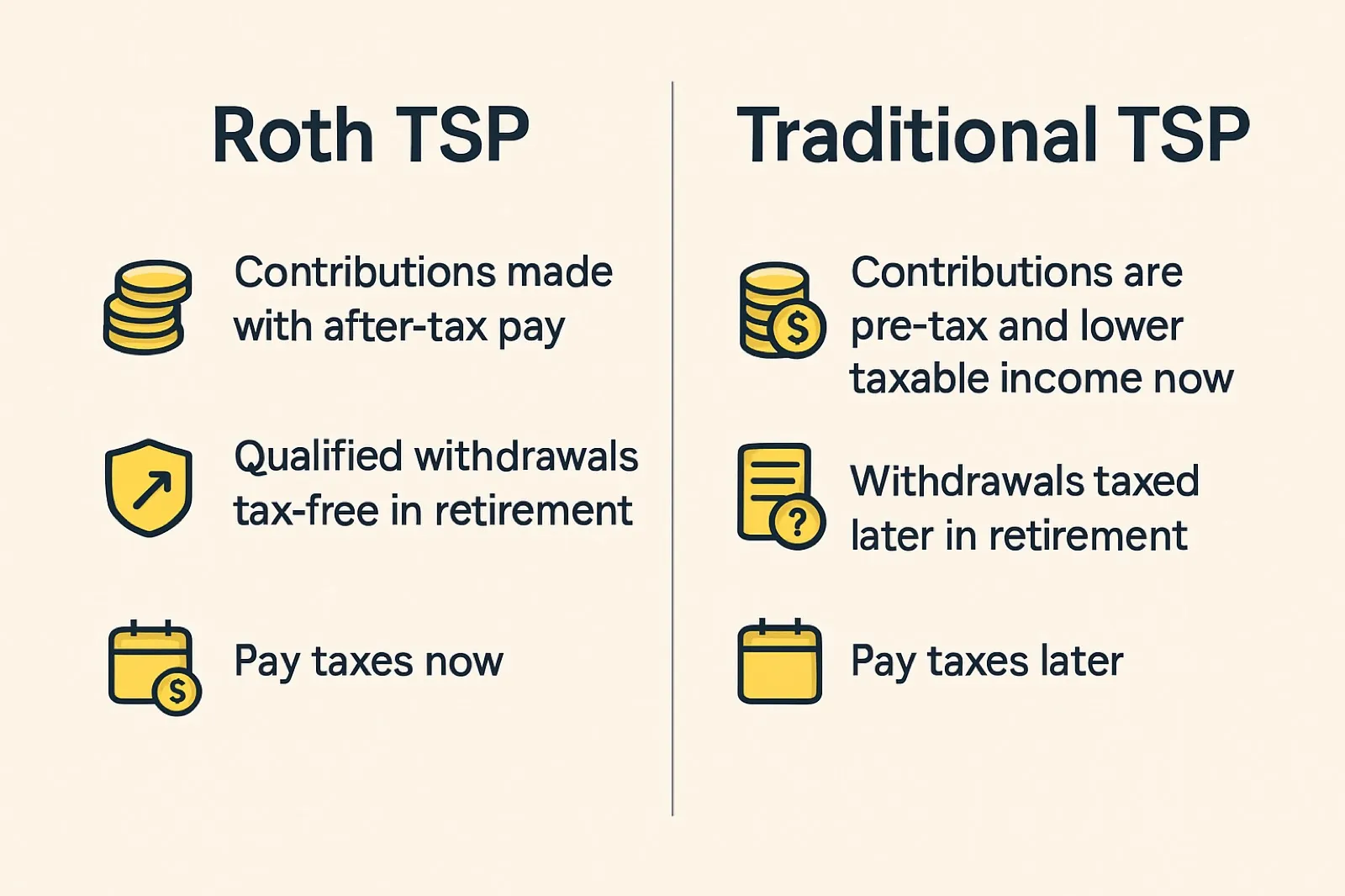 Side-by-side comparison of Roth and traditional TSP contributions and how each is taxed