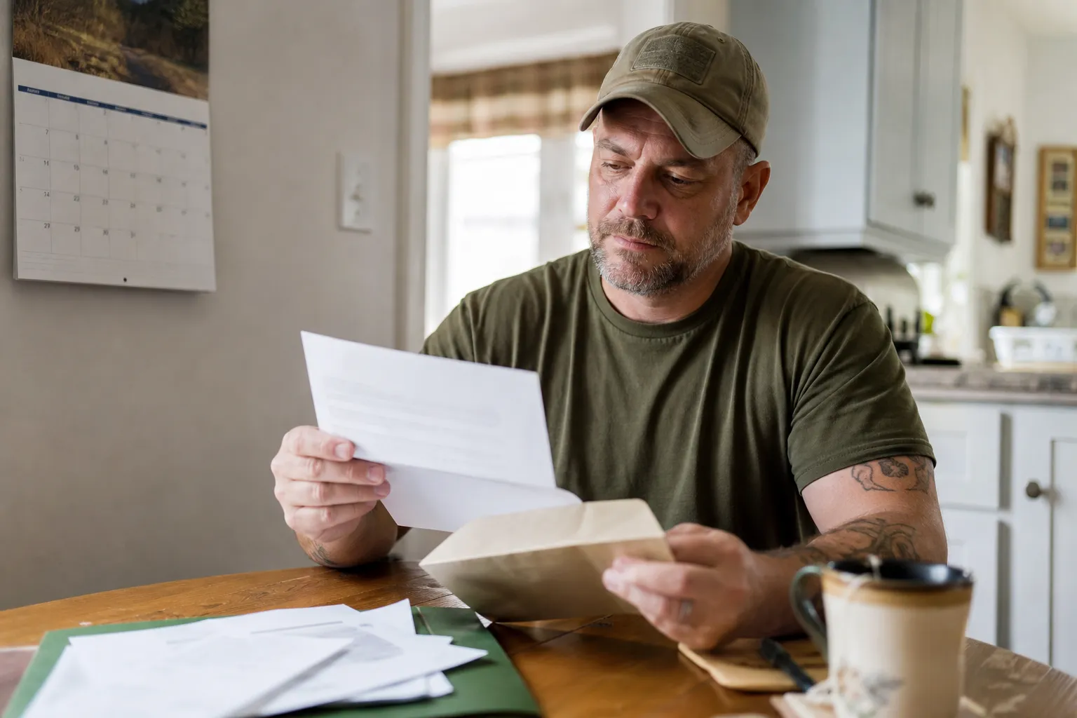 A veteran opening a VA decision letter at a kitchen table with a calendar nearby
