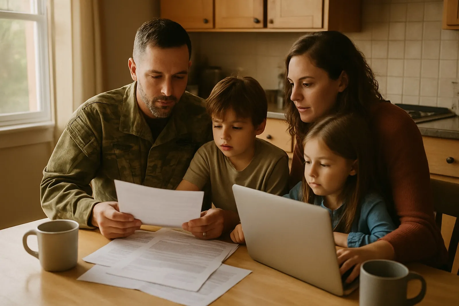 A veteran with a spouse and two children reviewing benefits paperwork at a kitchen table