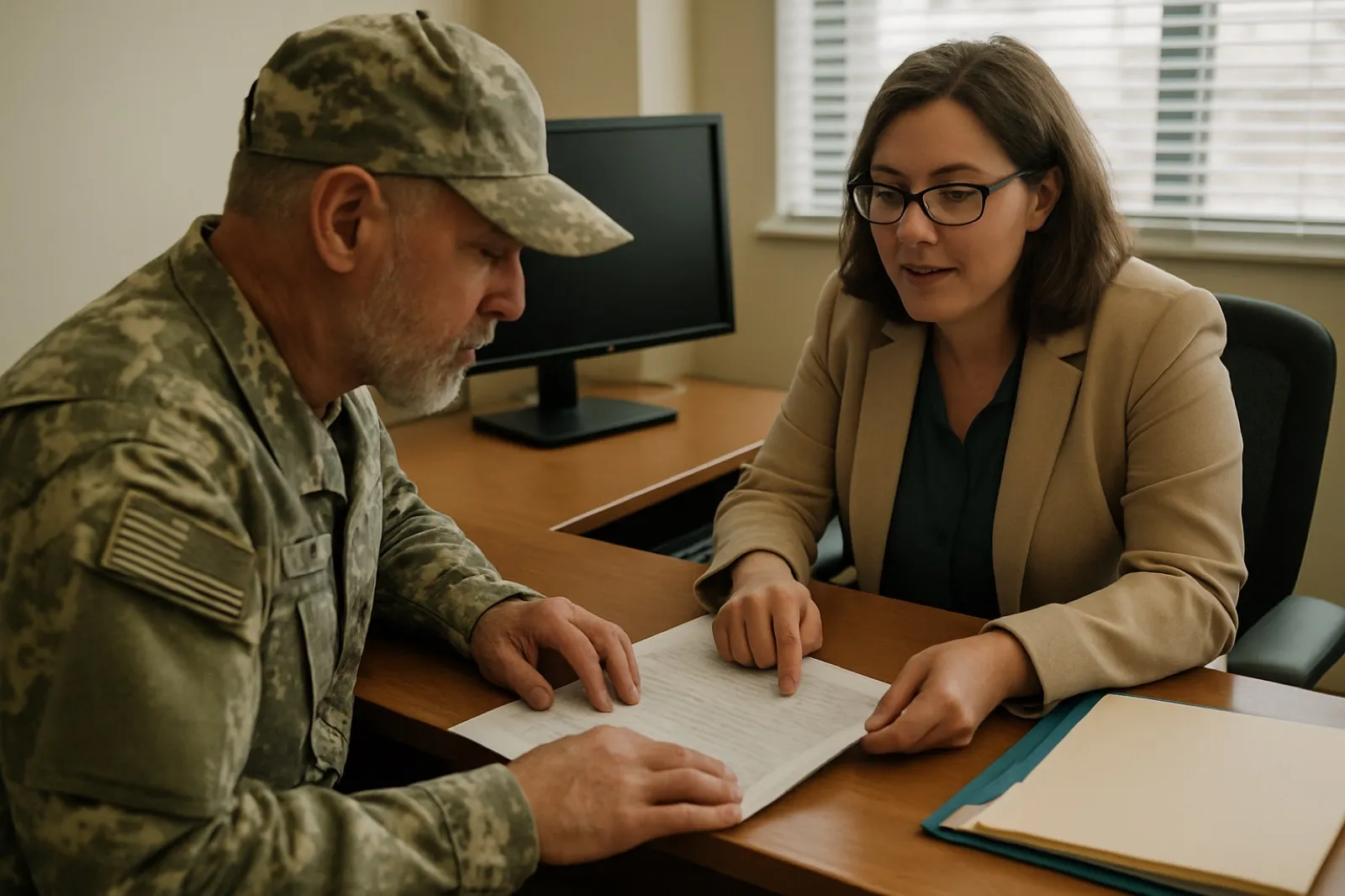 A military veteran meeting with a Veterans Affairs benefits counselor at a VA regional office desk