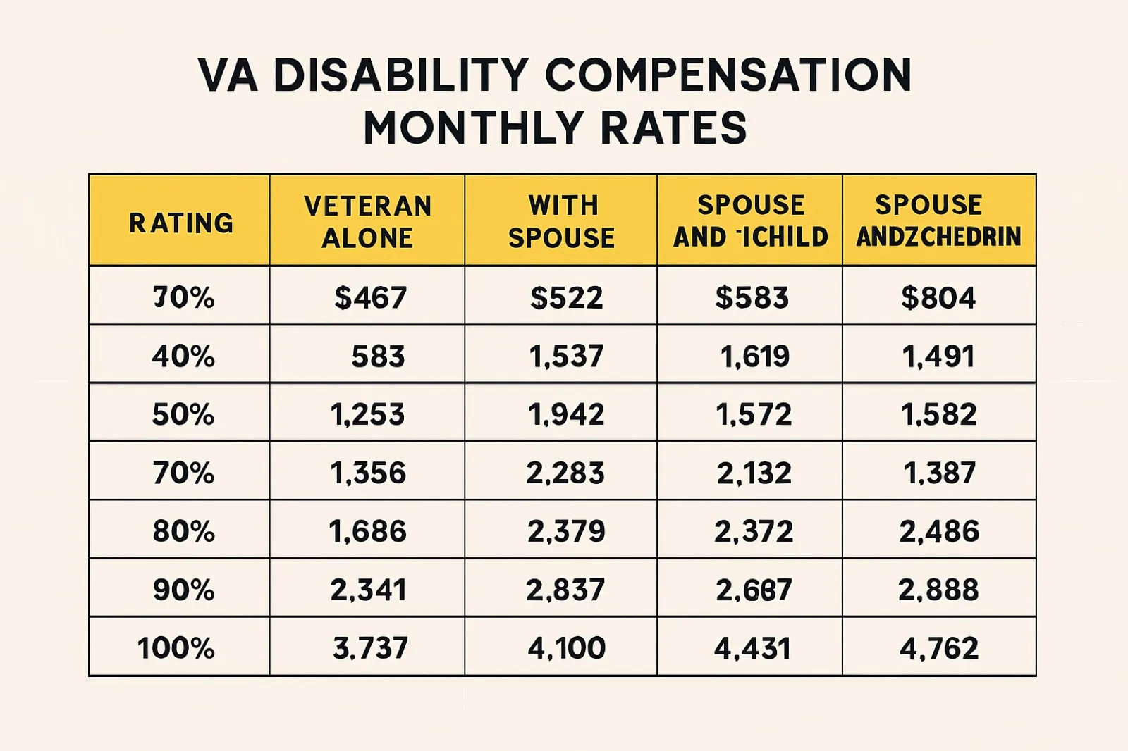 Example of a VA disability compensation rate table showing columns for dependent status and rows for rating percentage