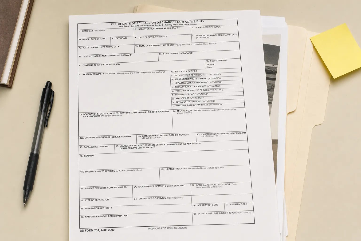 A DD214 discharge document and other service records used to prove VA home loan eligibility