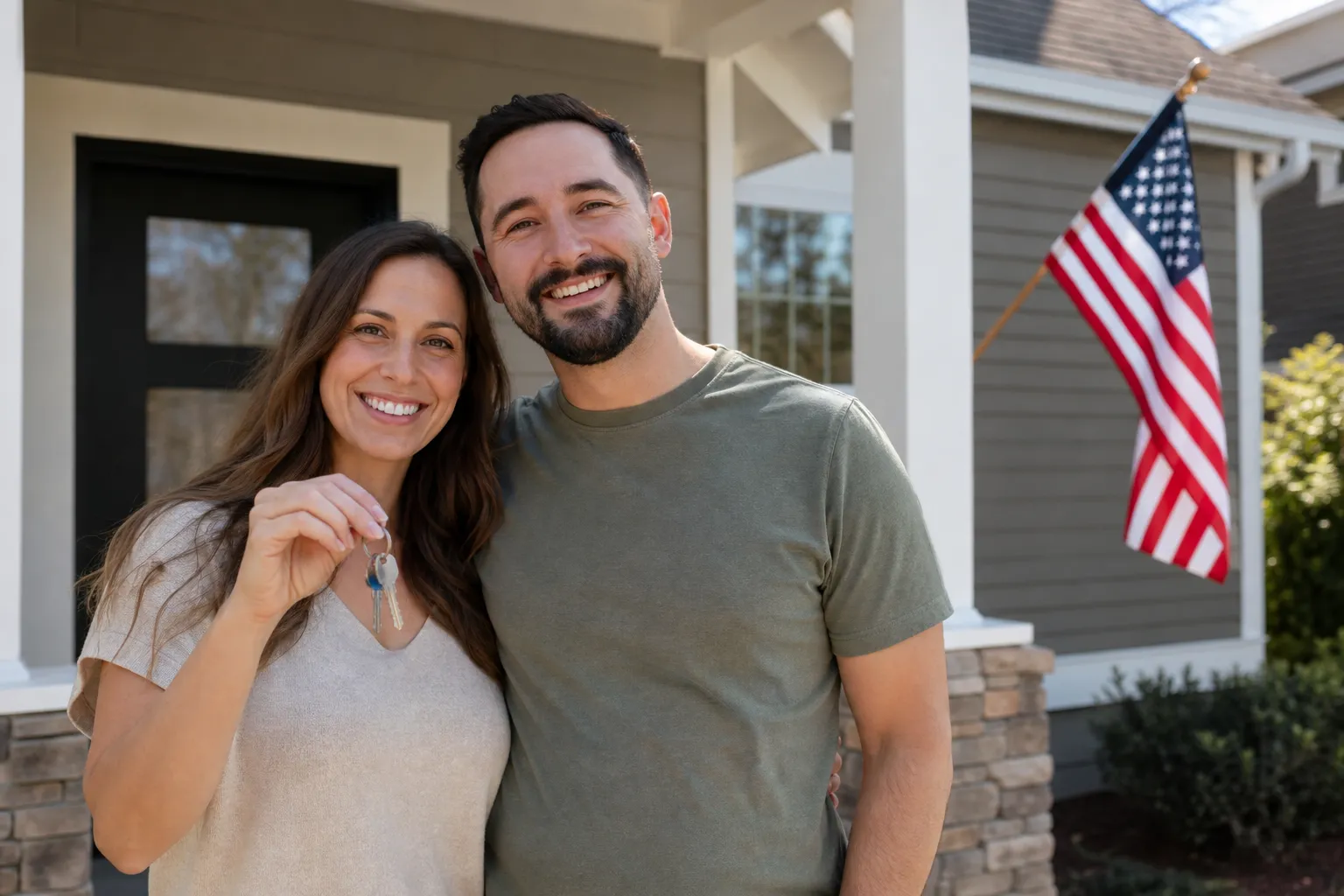 A veteran couple receiving keys in front of their new home with an American flag on the porch