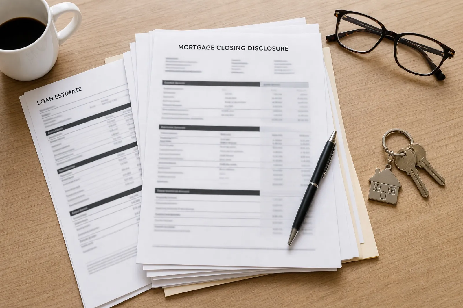 Closing documents on a table showing the VA funding fee line on a loan estimate