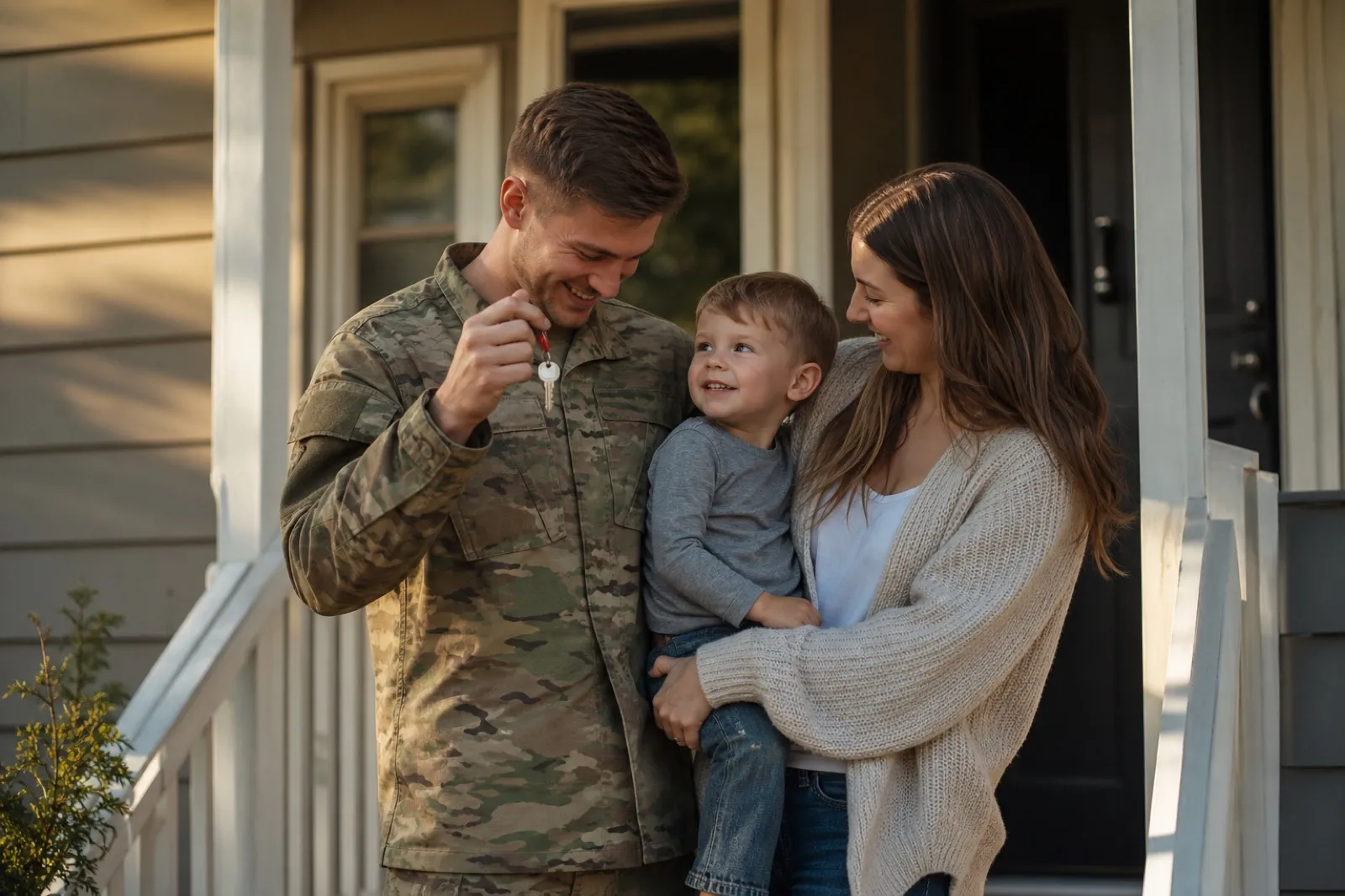 A service member and family receiving the keys to their first home bought with a VA-backed loan